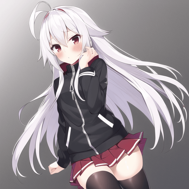 suguri (character), red eyes, long hair, ahoge, 1girl, solo, silver hair, thighhighs, skirt, jacket,
black legwear, long sleeves, zipper, zettai ryouiki, blush, pleated skirt